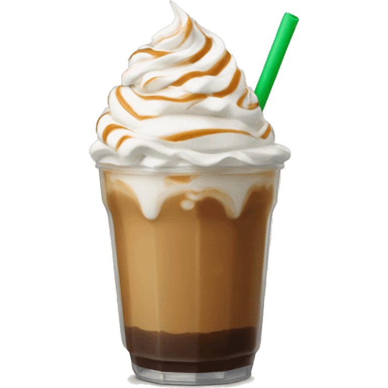 Iced Caramel coffee with whip cream and green straw  emoji