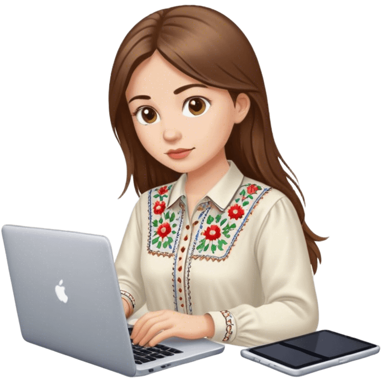 A Ukrainian girl with brown hair in an embroidered shirt works at her laptop emoji