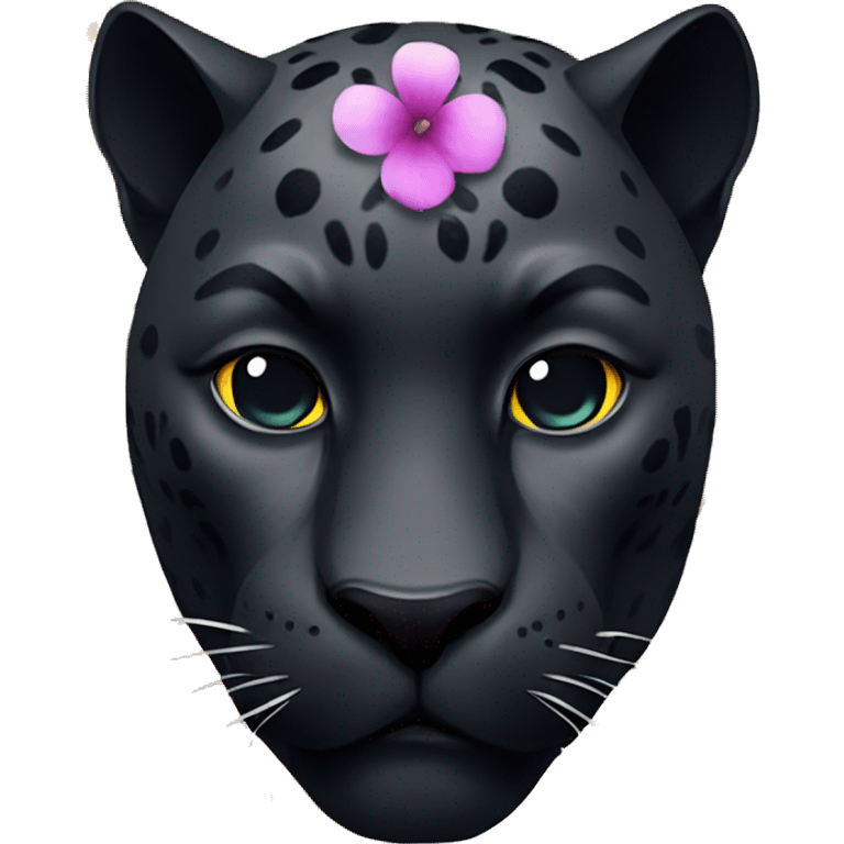 A black panther's head, a brightly colored flower emoji