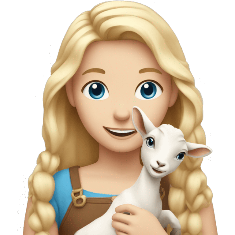 smiling girl with blonde hair blue eyes holding goat with horns emoji