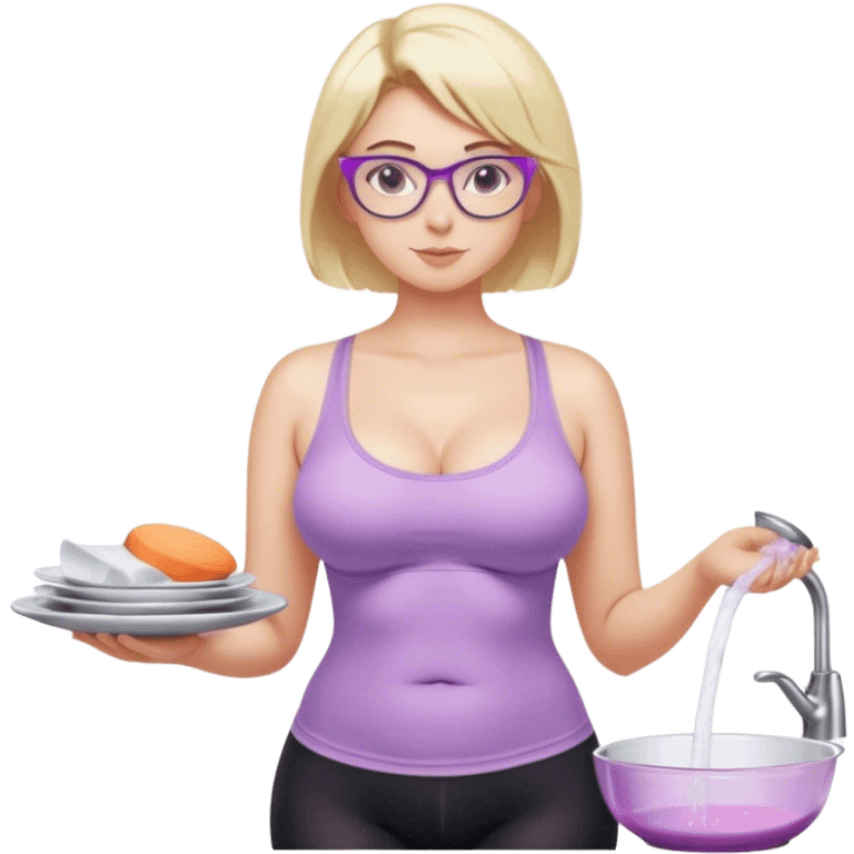 Seductive, Curvy fair skinned woman, short blond hair, small light purple reading glasses, washing dishes, SFW sheer pink tank top, without undergarments showing natural breast shape SFW, black yoga pants, thick booty emoji