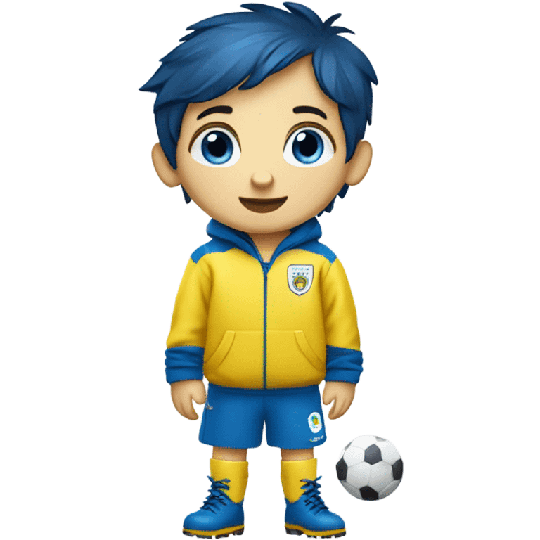 cute little boy with dark blue hair, yellow raincoat, blue muddy boots, blue eyes, white skin, umbrella, playing football, fifa world cup mascot emoji