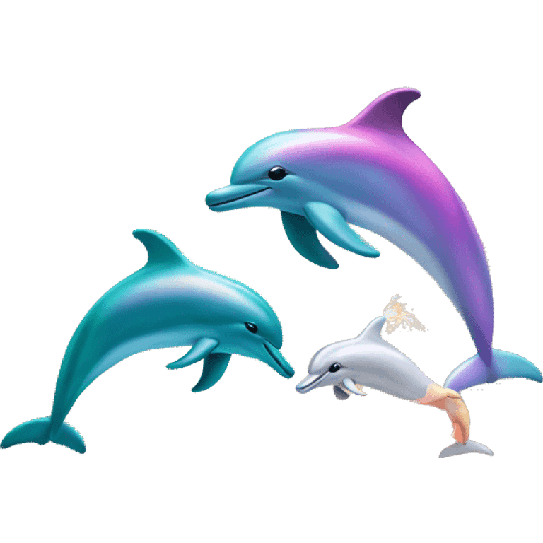 Dolphins and unicorns jumping over water with sunset emoji