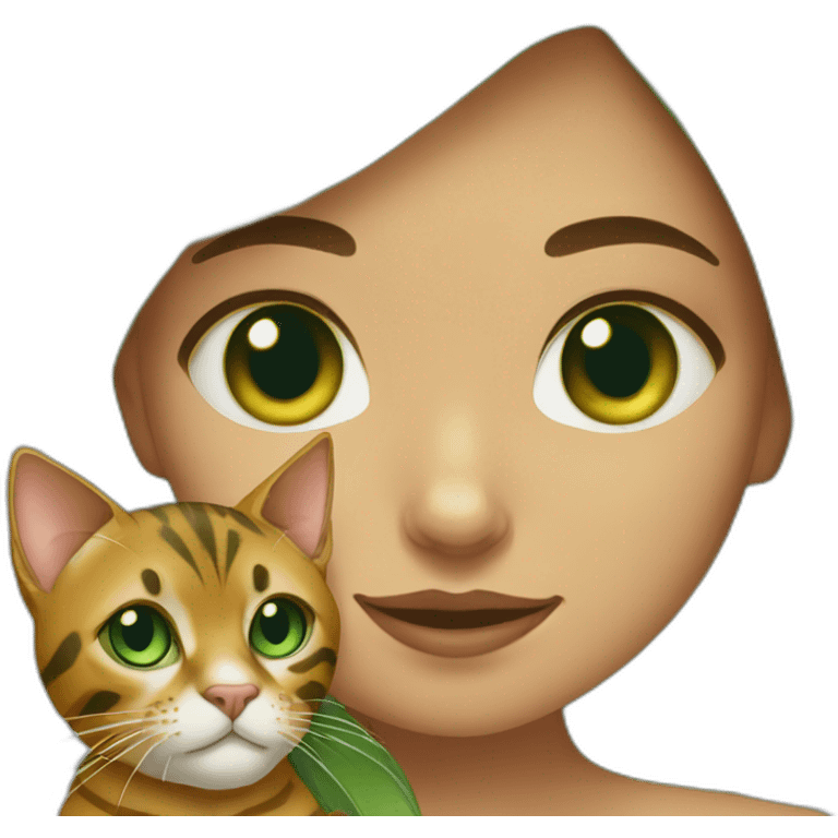 Green-eyed girl holding a green-eyed Bengal cat emoji