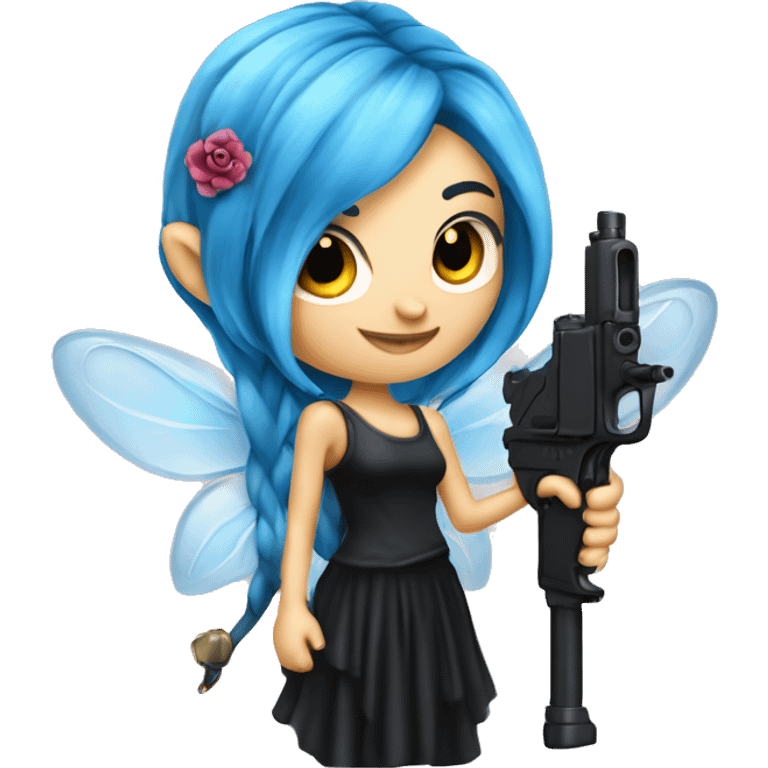 Blue haired fairy with black dress and tattoo gun emoji