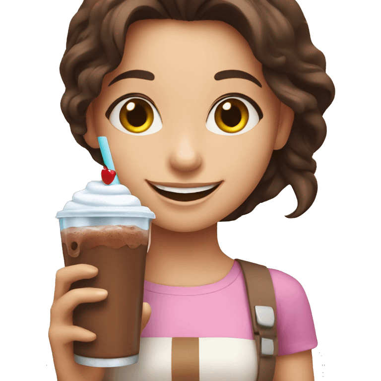 happy brunette girl holding a chocolate shake emoji