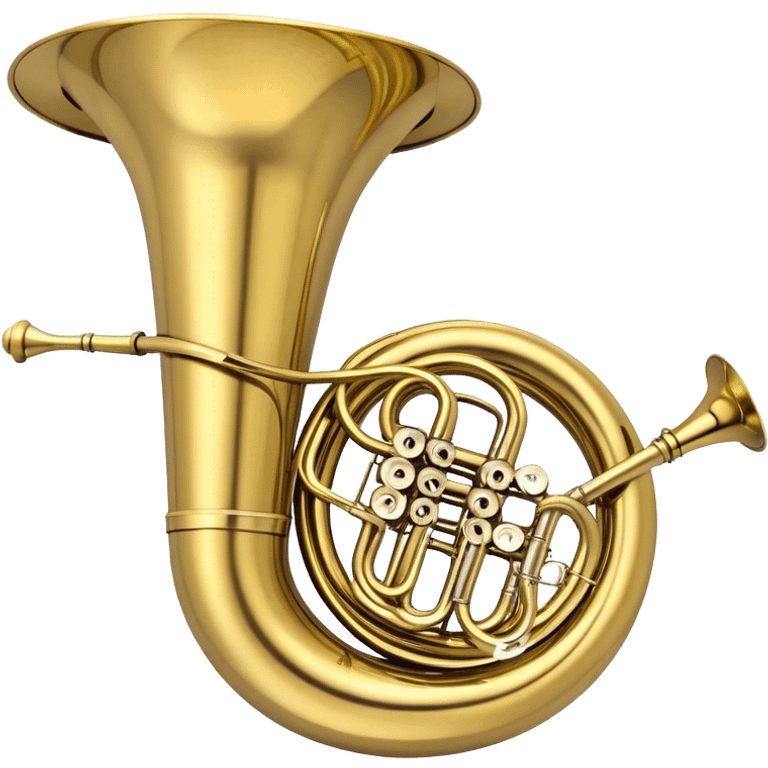 Create a large and bold emoji representing a tuba. The design should feature the tuba’s iconic, large, curved brass body, with its wide bell and tubing wrapping around. Highlight the visible valves and their metal buttons, showcasing the characteristic structure of the instrument. The brass finish should be shiny, with golden tones and subtle reflective light effects to highlight its polished surface. Add soft musical notes or soundwaves emanating from the bell to evoke the deep, resonant sound of the tuba. The background should be transparent. emoji