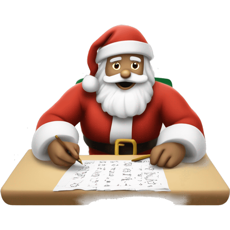 European Santa Claus is sitting on a desk, writing something down on a sheet of paper, solving complicated math puzzles emoji