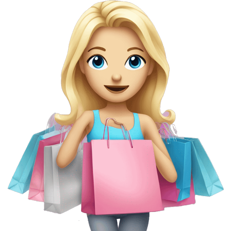 cute blonde with blue eyes surrounded by pink shopping bags emoji