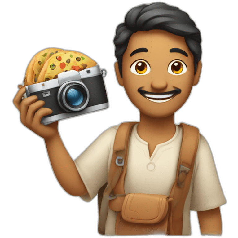 Indian man woman with camera in one hand and food in other hand, happy smiling emoji