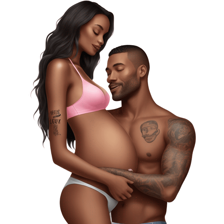 Photo of a Victoria secret model pregnant with a tattooed male model with his hand on her stomach  emoji