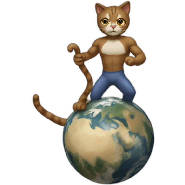 high definition, a cat man uses a leverage to lift the Earth emoji