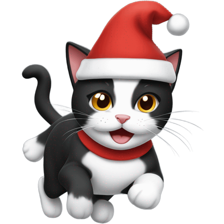 Running black and white cat wearing a Santa hat  emoji