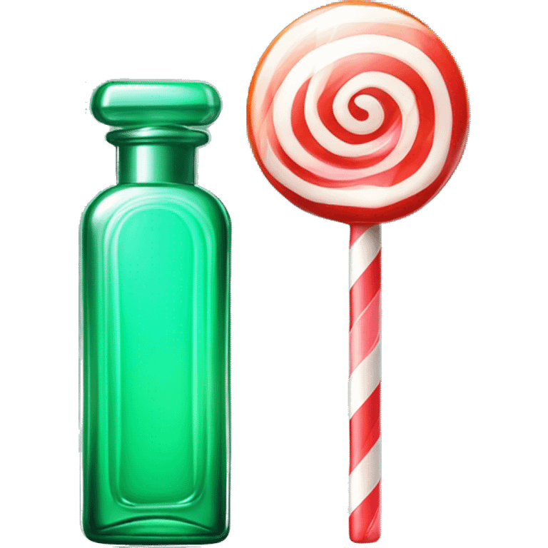 A glass bottle of perfume, like a lollipop, mint, glossy and emerald, shiny, rectangular in shape with a heart-shaped lollipop in the middle emoji