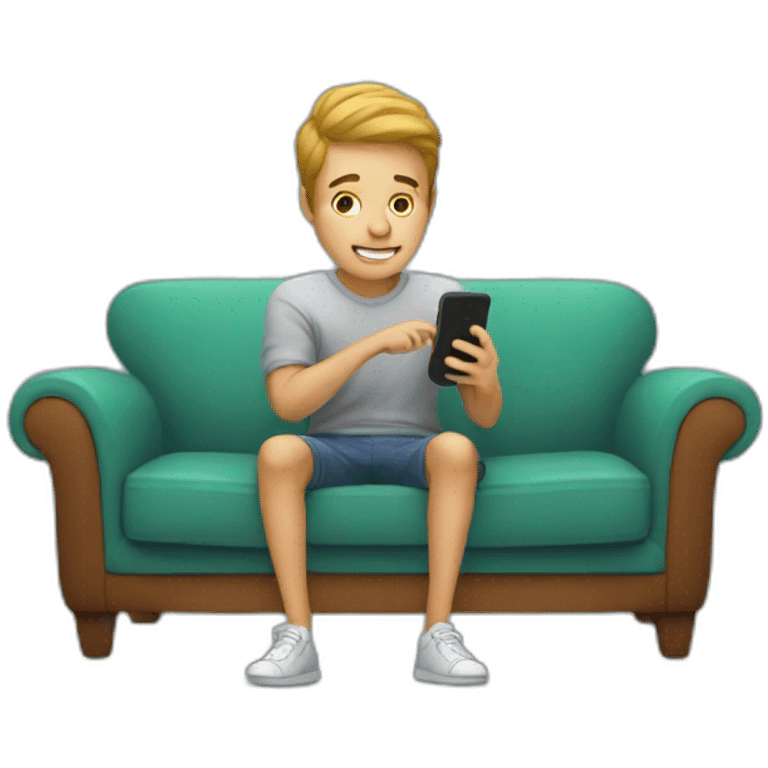 young guy scrolling with his phone on couch emoji