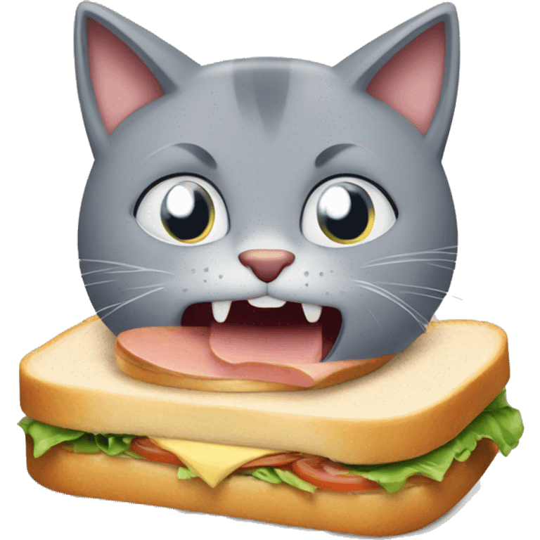 Grey cat bite a sandwich teeth showng emoji