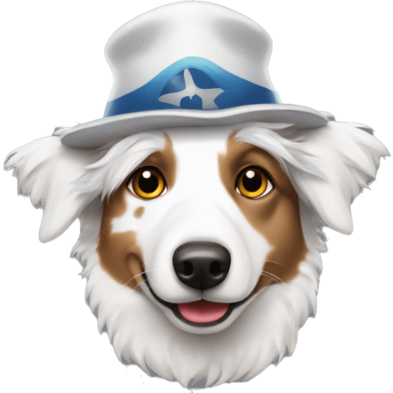 White australian shepherd wearing a propeller hat emoji