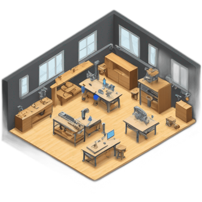 isometric square solid outline border containing indoor creative workshop factory woodworking metalworking people actively working cnc machine tools simple clean industrial brutalist emoji