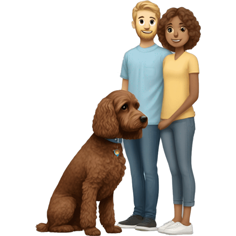 brown cockapoo from the side full body with girl and boy owners emoji