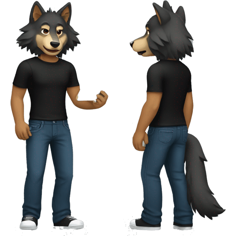 create a wolf in a black shirt and pants and tablet in hand emoji