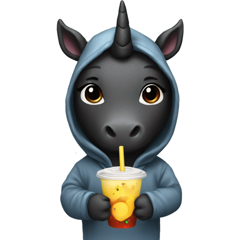 Black Unicorn b drinking boba wearing a hoodie  emoji