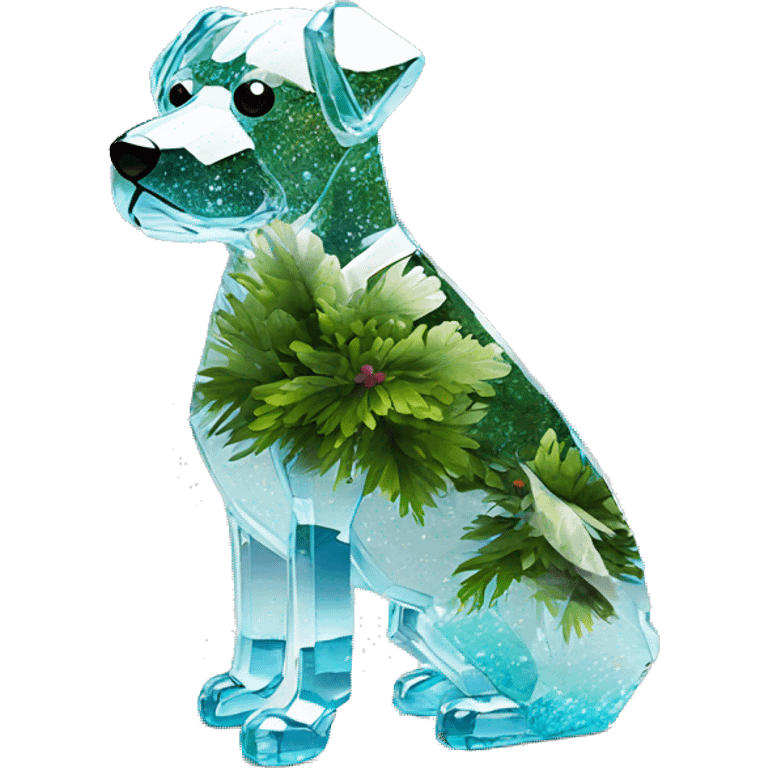 A dog made entirely of glass mirror crystals prisms glass transparent filled with plants as a terrarium emoji