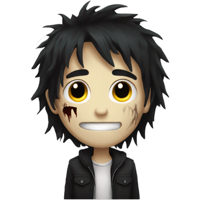 Boy, black hair, medium long, emo, shaggy, blonde highlights, zombie emoji, pale skin, creepy emoji