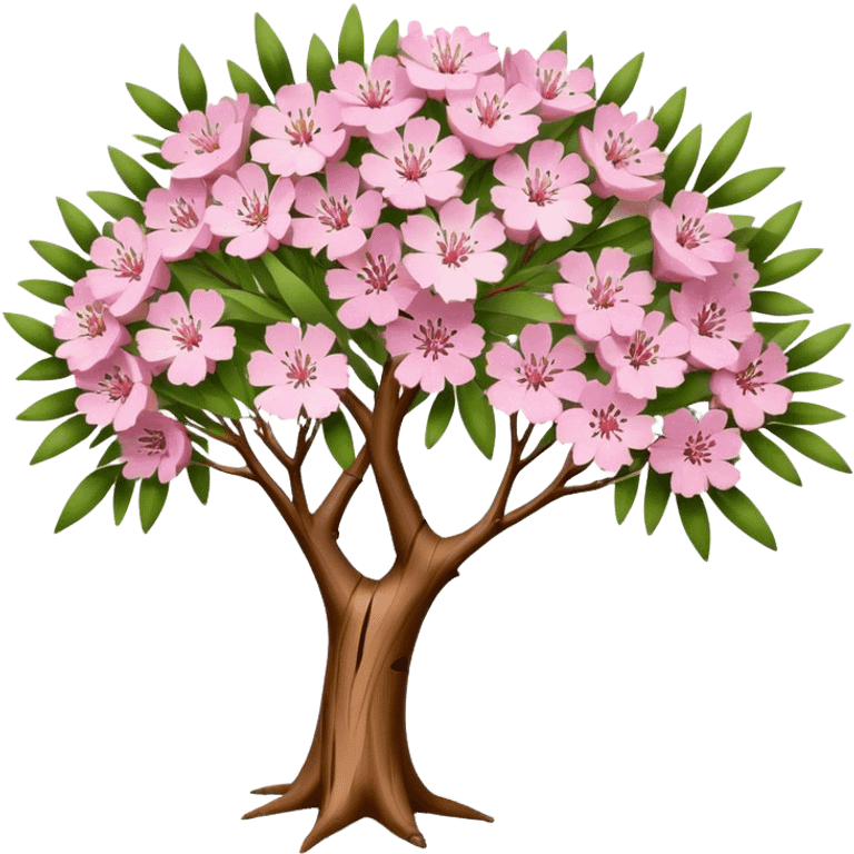 Cinematic Realistic Melaleuca Emoji, Elegant and resilient, with peeling, papery bark and delicate, needle-like leaves. The tree stands tall and graceful, with clusters of white and pink flowers dotting the branches. Soft glowing outline, capturing the essence of natural elegance and resilience in a beautiful melaleuca tree! emoji