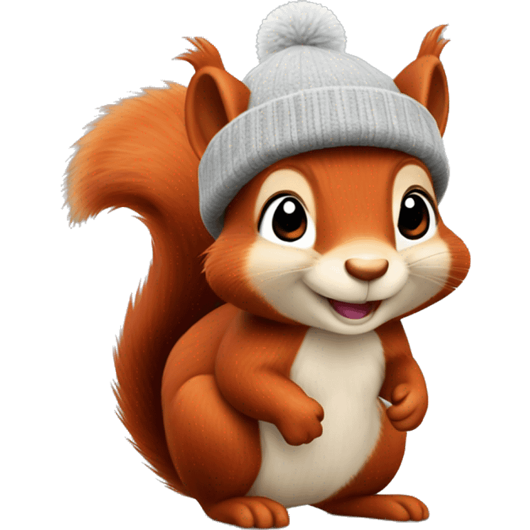 A smiling red squirrel with tufted ears and a light grey beanie  emoji