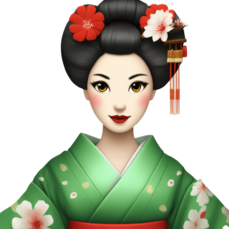 Geisha. kimono rojo. ojos verdes. ceremonia del té  emoji