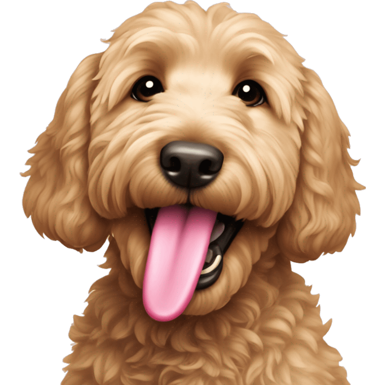 Goldendoodle with pink collar and tongue out emoji