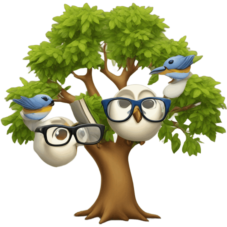 three birds in a tree but one of the birds wears glasses and hangs a book emoji