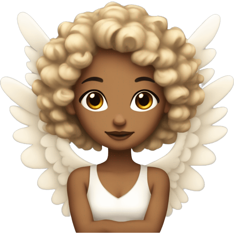 tan angel girl with black curls, pretty, wings emoji