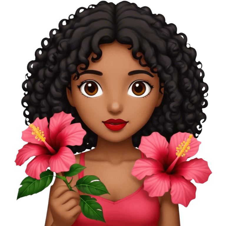 Girl with brown skin with black curly hair holding hibiscus flowers emoji