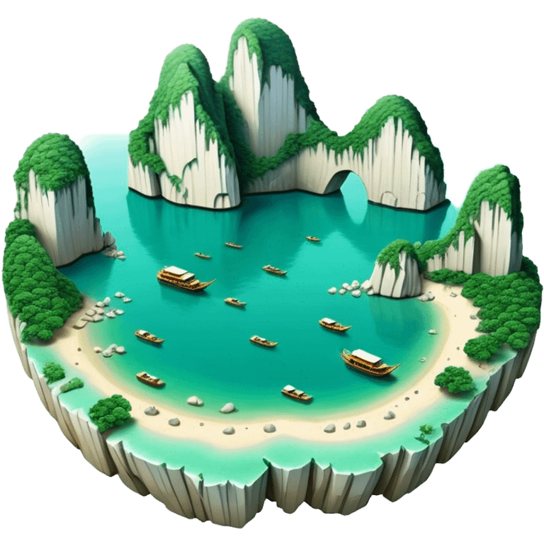 Cinematic Realistic Ha Long Bay Landscape Emoji, depicted with limestone karsts emerging from emerald waters rendered with intricate detail and dynamic natural lighting. emoji