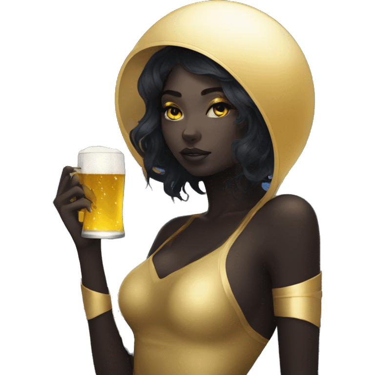 Ethereal galactic Girl wearing black and gold sat on a nebula galaxy drinking beer surrounded by golden stars and planets emoji