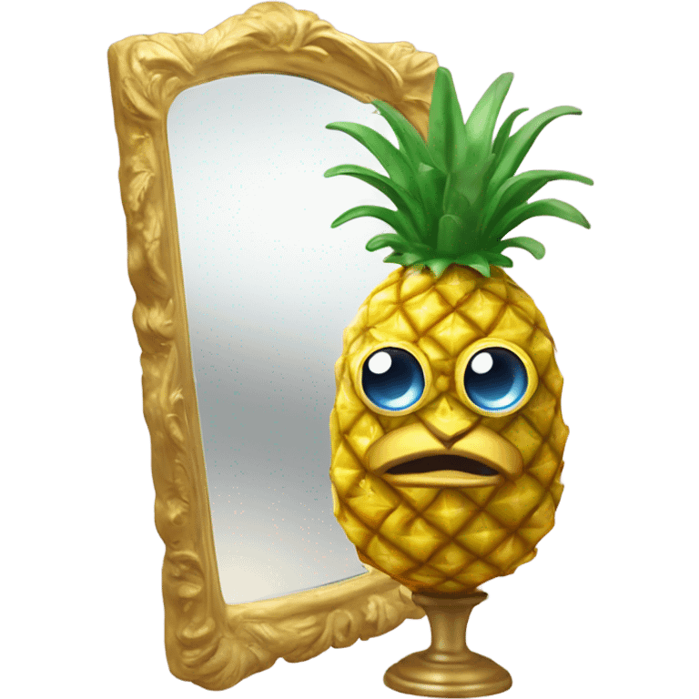 3D elegant pineapple🍍  with big shiny eyes 👀 pineapple holds mirror with its reflection 🪞🍍 emoji