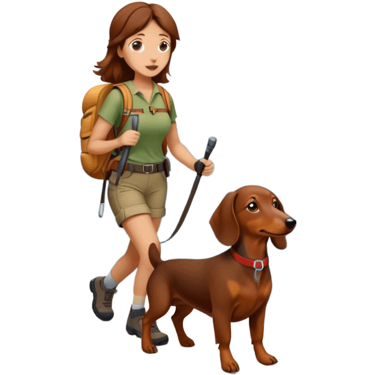 brown daschund dog hiking with a woman with brown hairr a mountain emoji