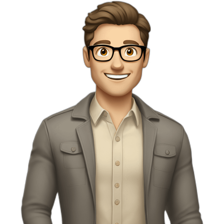 Joyful Pale skinned Fit Man With dark brown hair in gray jacket, beige office shirt, Brown pants and vintage glasses. His thrumbs up emoji