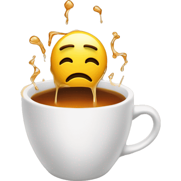 An emoji melting in a cup of tea tired from stress and worldliness, show a mess on top of head to represent stress emoji