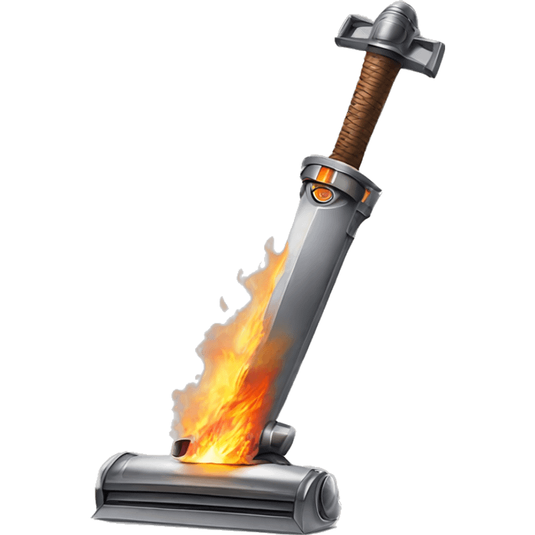 A realistic Dyson Vacuum cleaner holding a medieval sword that is on fire  emoji