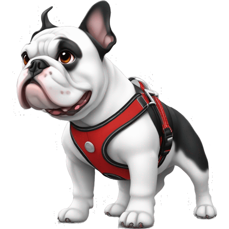 Black and white frrnch bulldog with red and black harness emoji