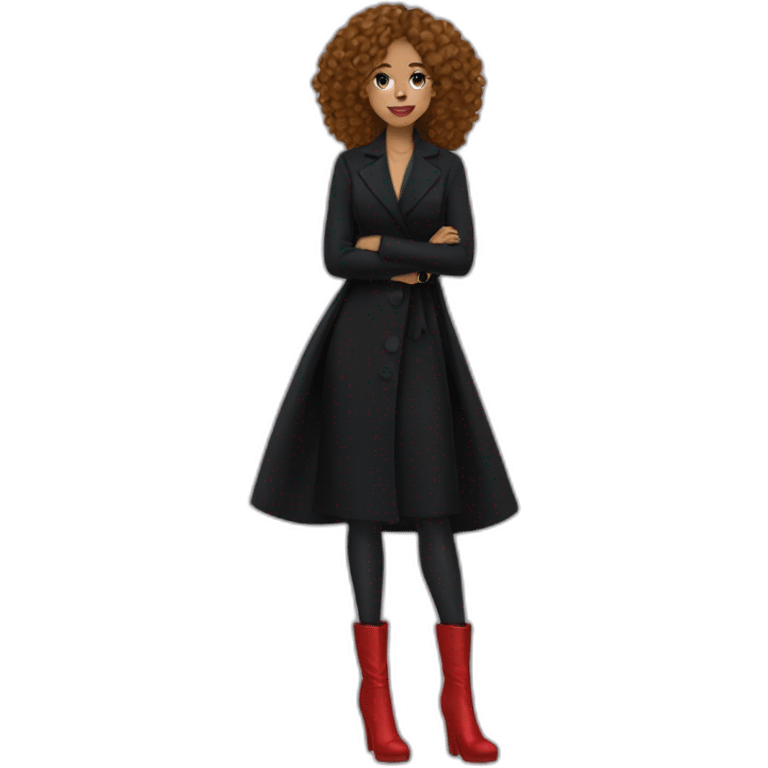 a woman with a long black dress, red boots, black coat, red bag, gold jewelry, curly hair, blue eyes emoji