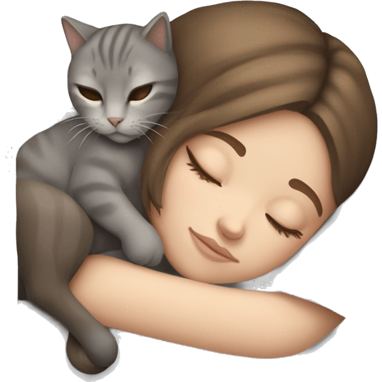 White girl brown hair sleeping with gray cat emoji