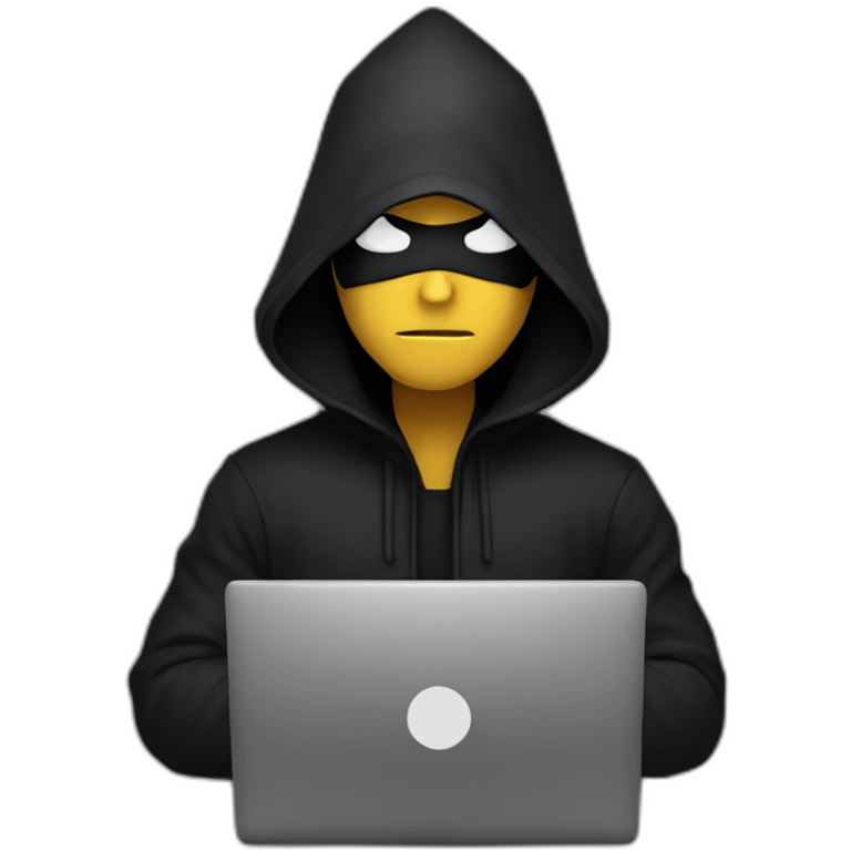 Developer with a black hood behind his computer and coding emoji