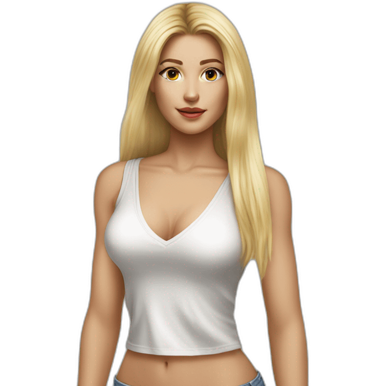 hyperrealistic caucasian blonde, long straight hair, white deep v-neck crop tanktop emoji