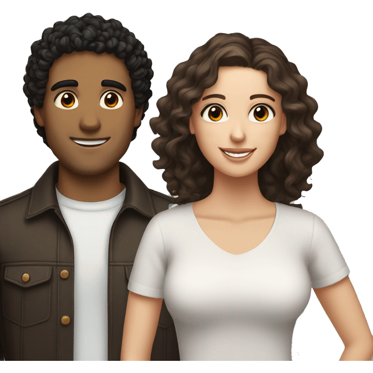 Hispanic male with black curly hair and straight brown eyes smiling next to white female with brown hair and hazel eyes emoji