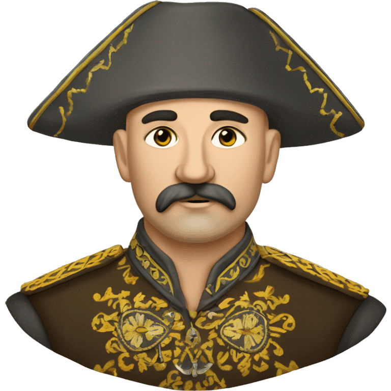 a Cossack warrior, The Cossack has a shaved head and a long strand of hair on one side. He has a thick, curved mustache and wears a gold earring in his left ear. He is wearing a simple Ukrainian embroidered shirt emoji