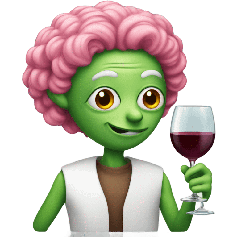 Alien in a wig drinking wine emoji