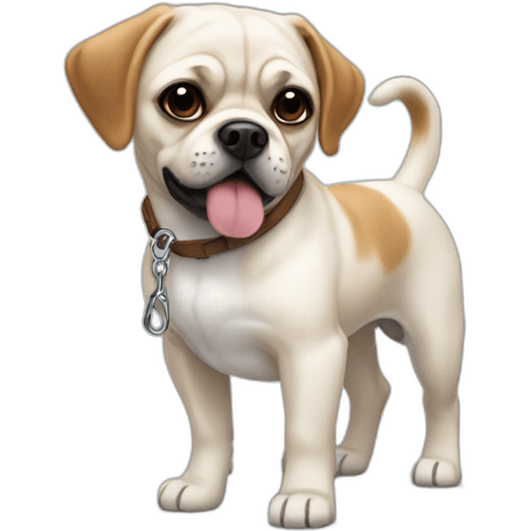 White Puggle with brown ears pulling on leash emoji